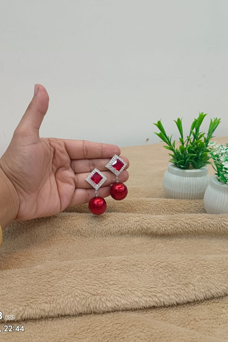 Elegant Red Beaded Square Drop Earrings