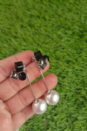 Elegant Black Stone & Pearl Drop Earrings