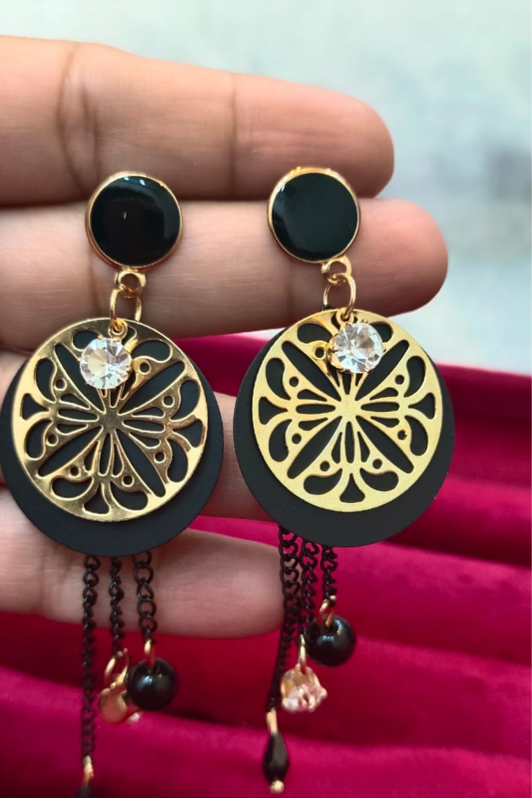 Elegant Black & Gold Floral Drop Earrings