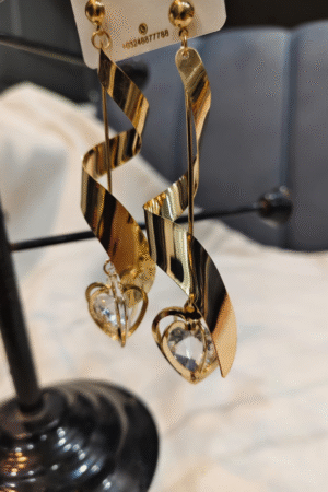 Gold Twisted Heart Crystal Long Earrings