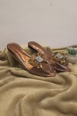 Golden Embellished Pointed Toe Slip-On Flats