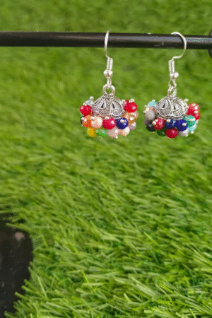 Colorful Beaded Silver Jhumka Earrings
