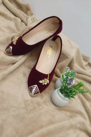 Elegant Maroon Velvet Flats with Gold Toe Embellishments