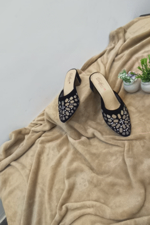 Black Crystal Cutwork Slip-On Sandals