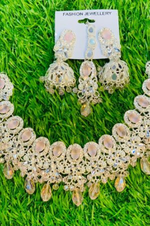 Luxury Pearl & Pink Crystal Bridal Necklace Set with Jhumka Earrings