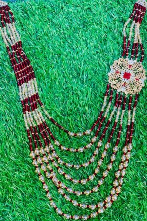 Royal Maroon Multi-Layer Beaded Necklace with Gold Pendant
