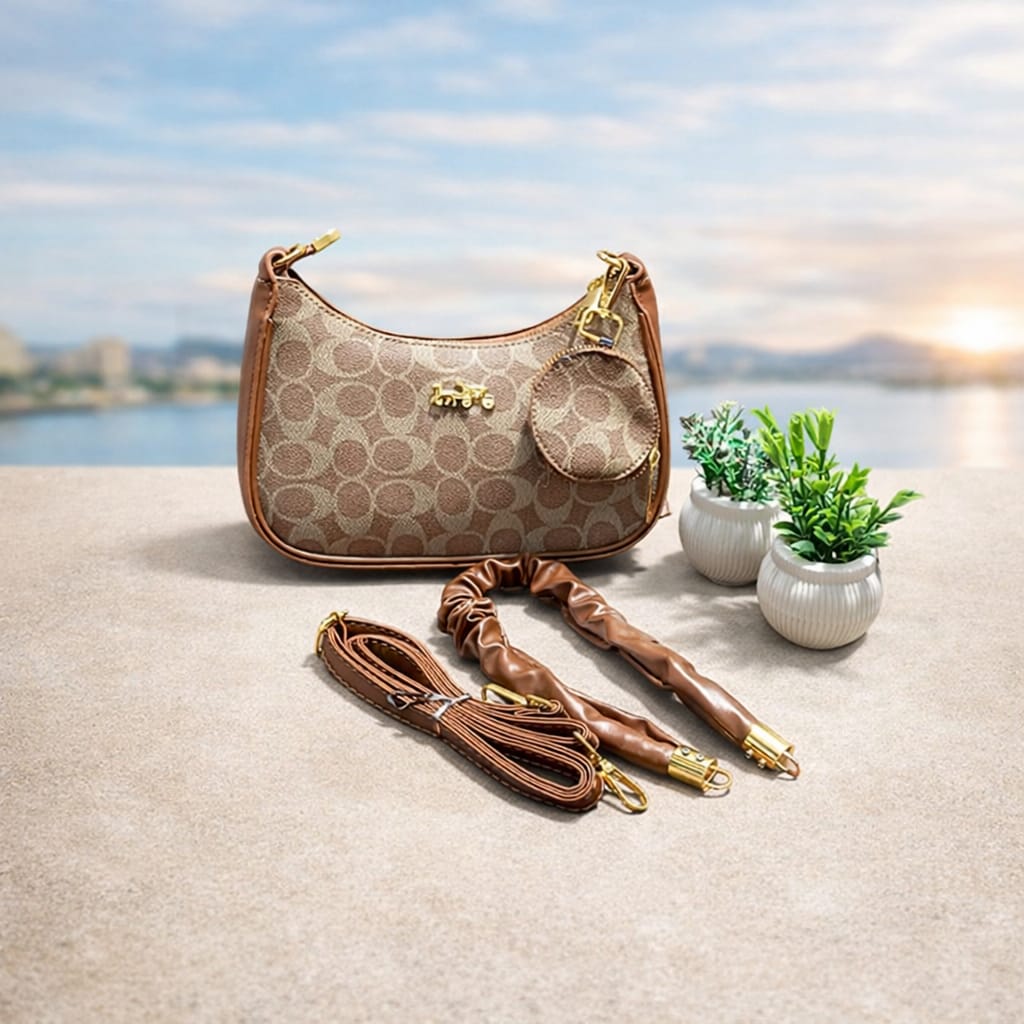 Premium Brown Designer Ladies Handbag with Mini Pouch & Dual Straps